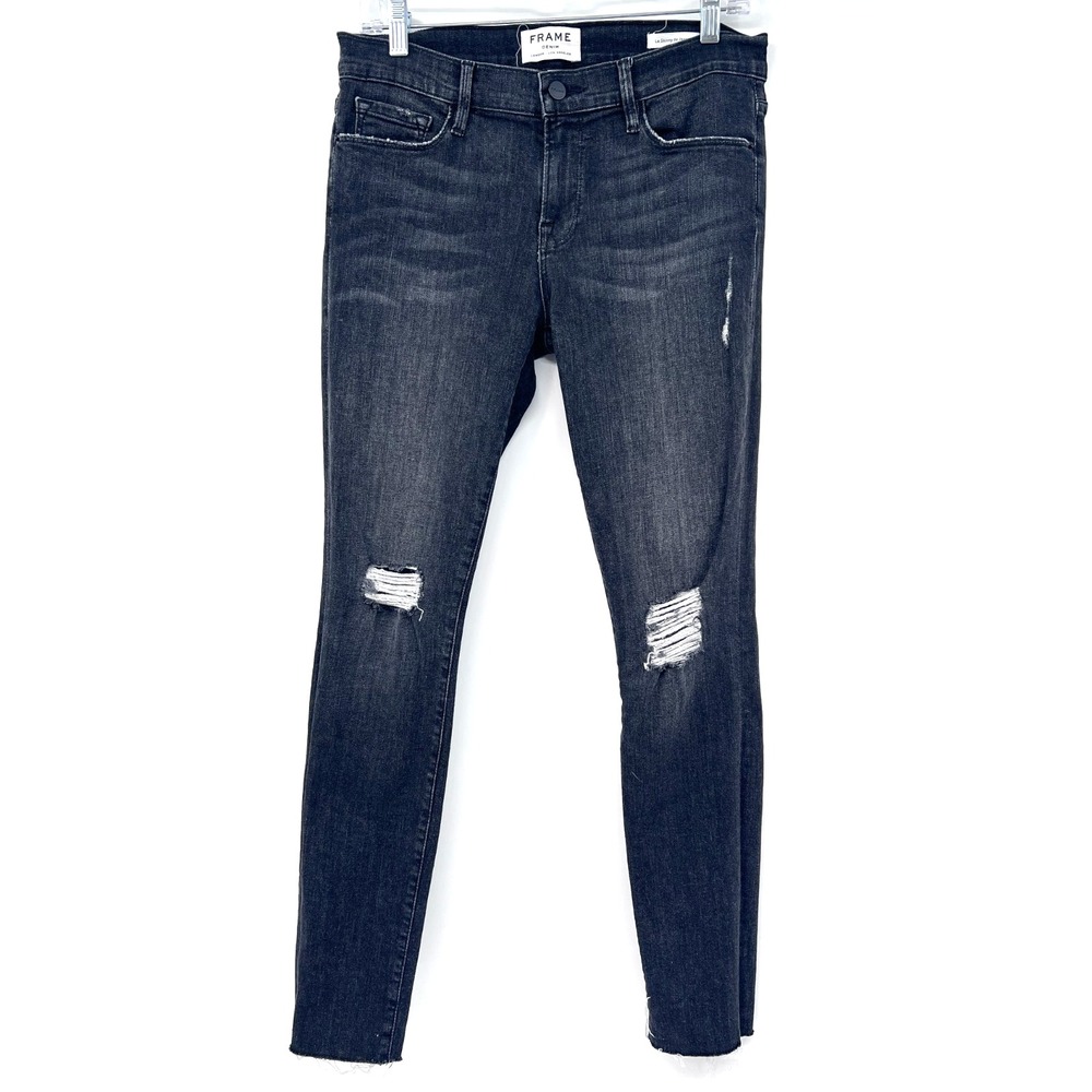 FRAME Women's Size 29 Washed Black Distressed Le Skinny de Jeanne Mid-Rise Jeans